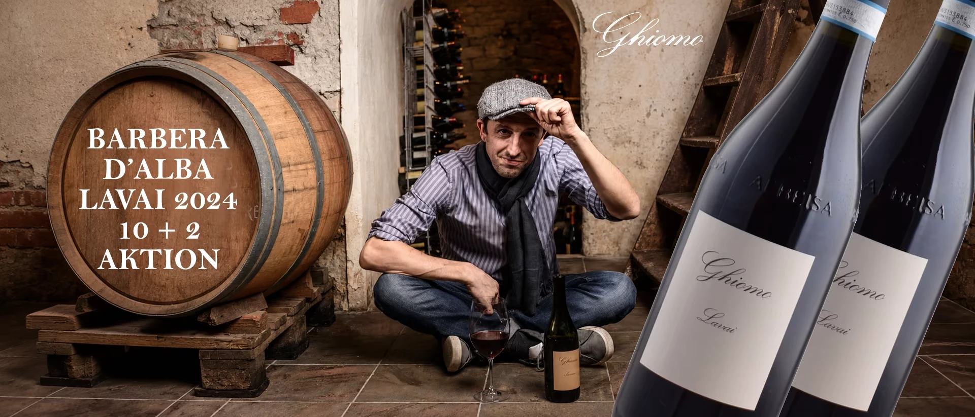 Ghiomo Barbera d'Alba Lavai 2024 – Aktionsbanner mit Winzer und Weinfass